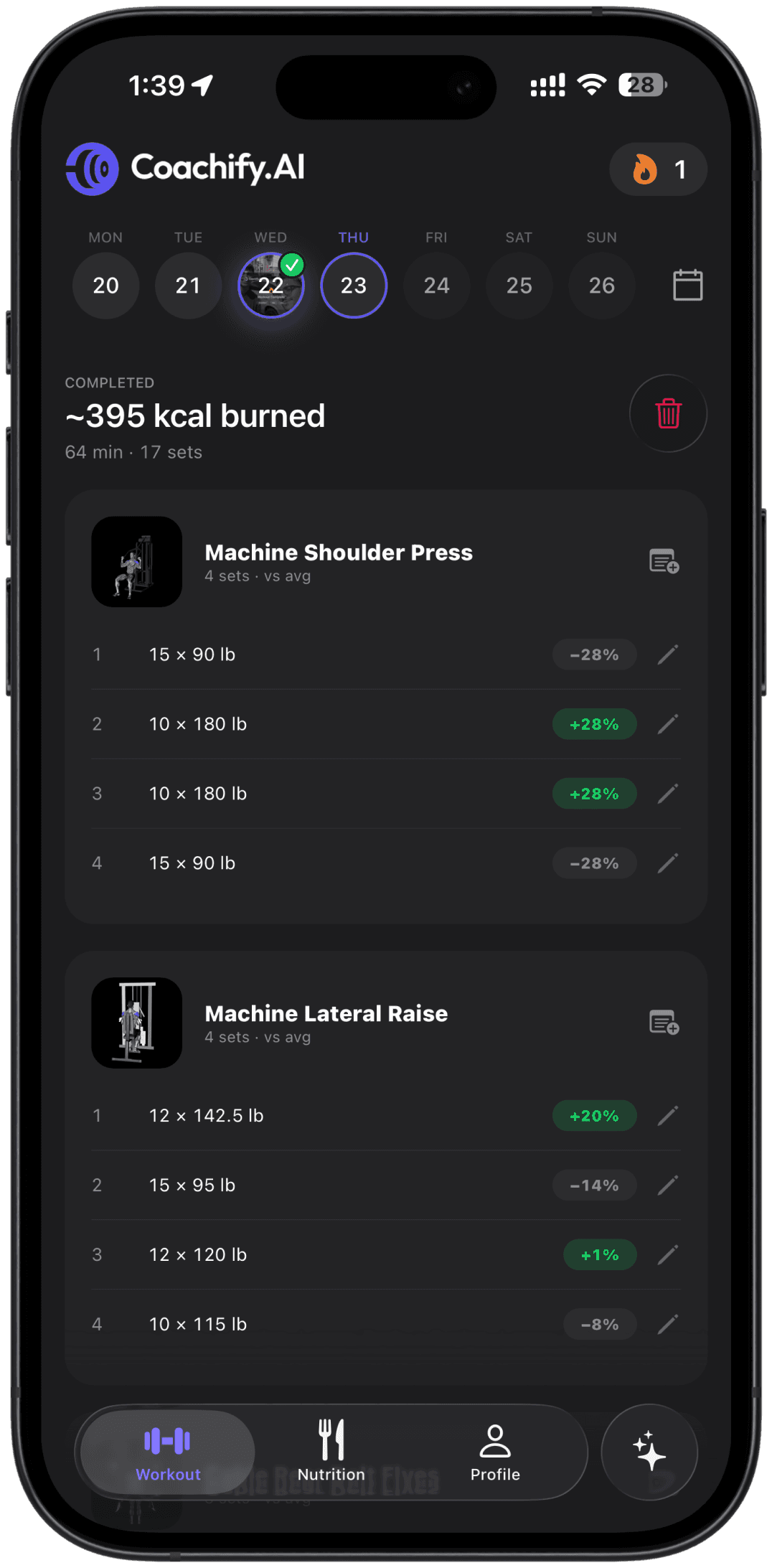 Coachify workout tracking screen